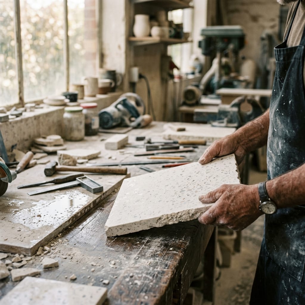 Un artisan tient une dalle de terrazzo dans son atelier. Image générée.