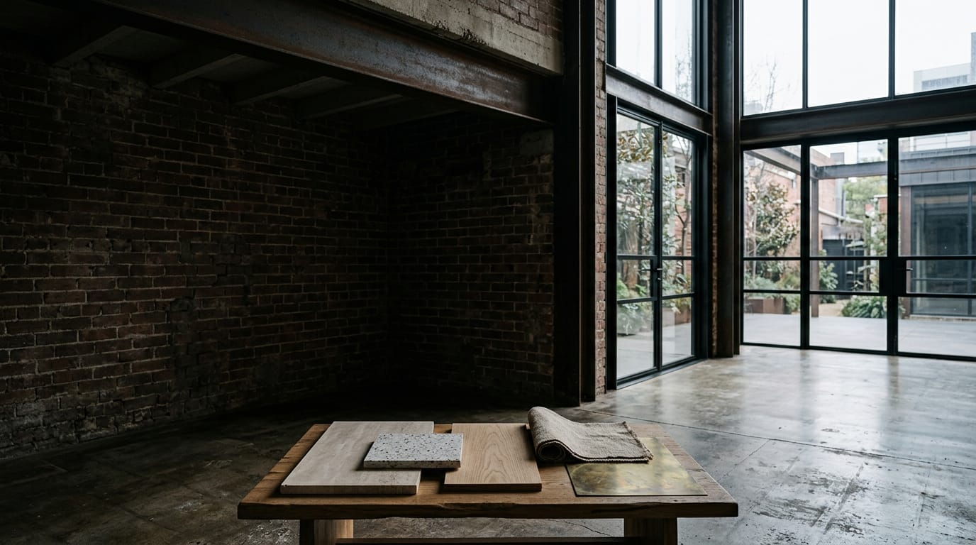 Atelier aux murs de brique sombre, avec sur une table basse en chêne un travertin, un terrazzo, un placage de chêne, un lin et une plaque de laiton. Image générée.