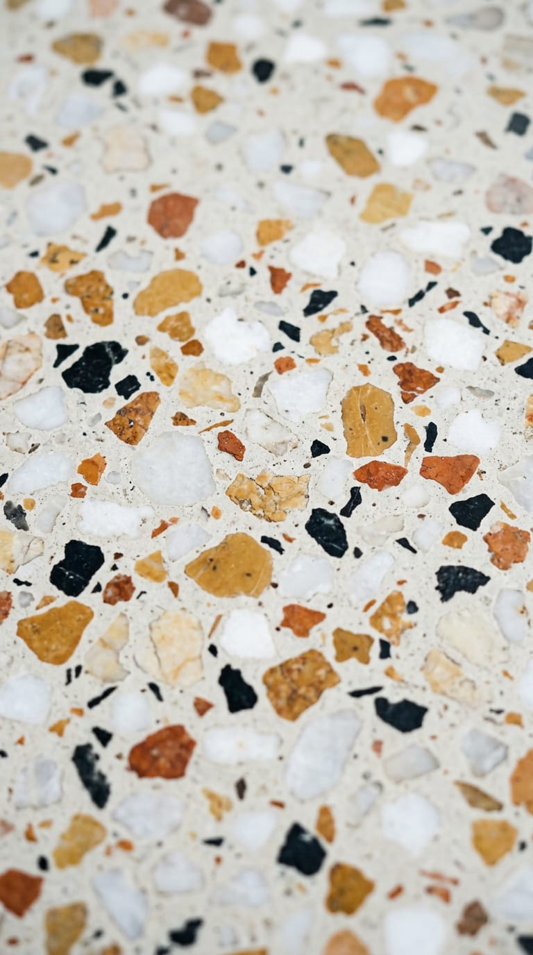 Terrazzo clair aux éclats ocre, blancs et noirs. Image générée.