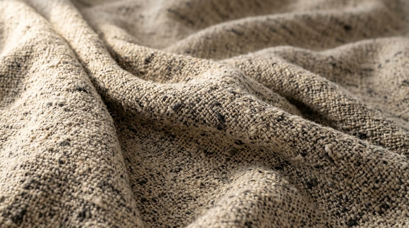 Gros plan sur un tissu de lin écru moucheté de gris. Image générée.